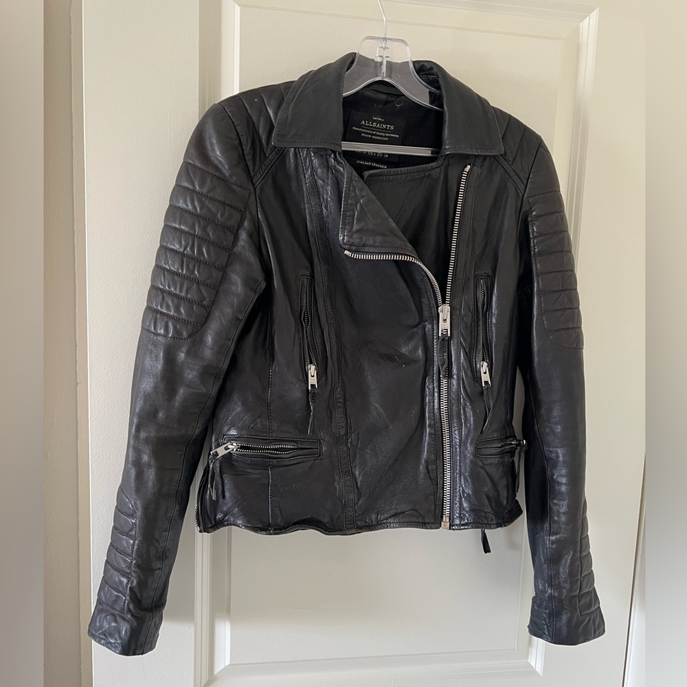 All Saints Black Leather Moto Jacket with Quilted Sleeves